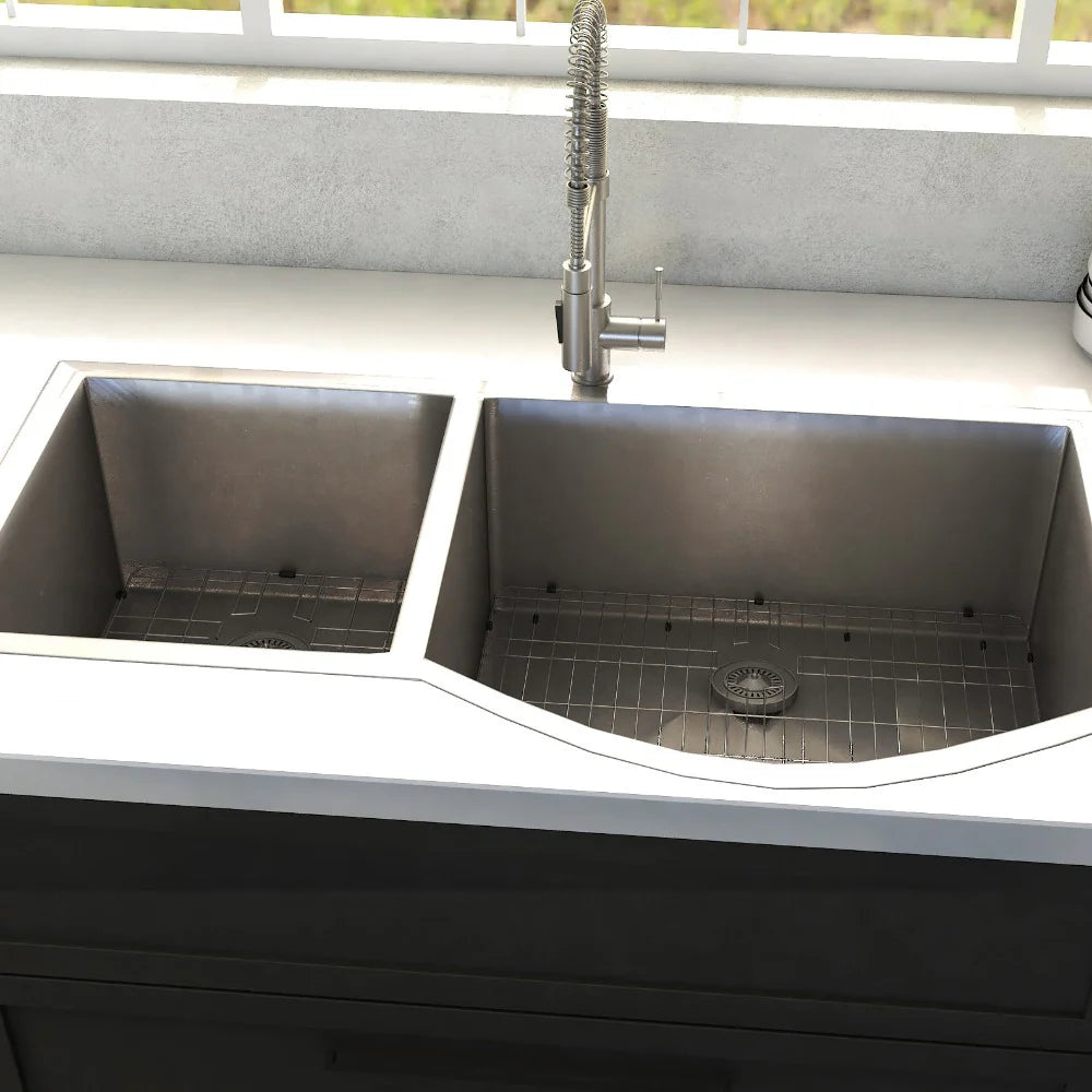 ZLINE Cortina 33" Undermount Double Bowl Sink in Stainless Steel (SC70D-33) displayed in a modern kitchen setup.