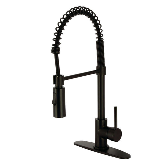 Kingston Brass LS8773DL Concord Pre-Rinse Kitchen Faucet in matte black with an exposed spring design and high-arching spout.