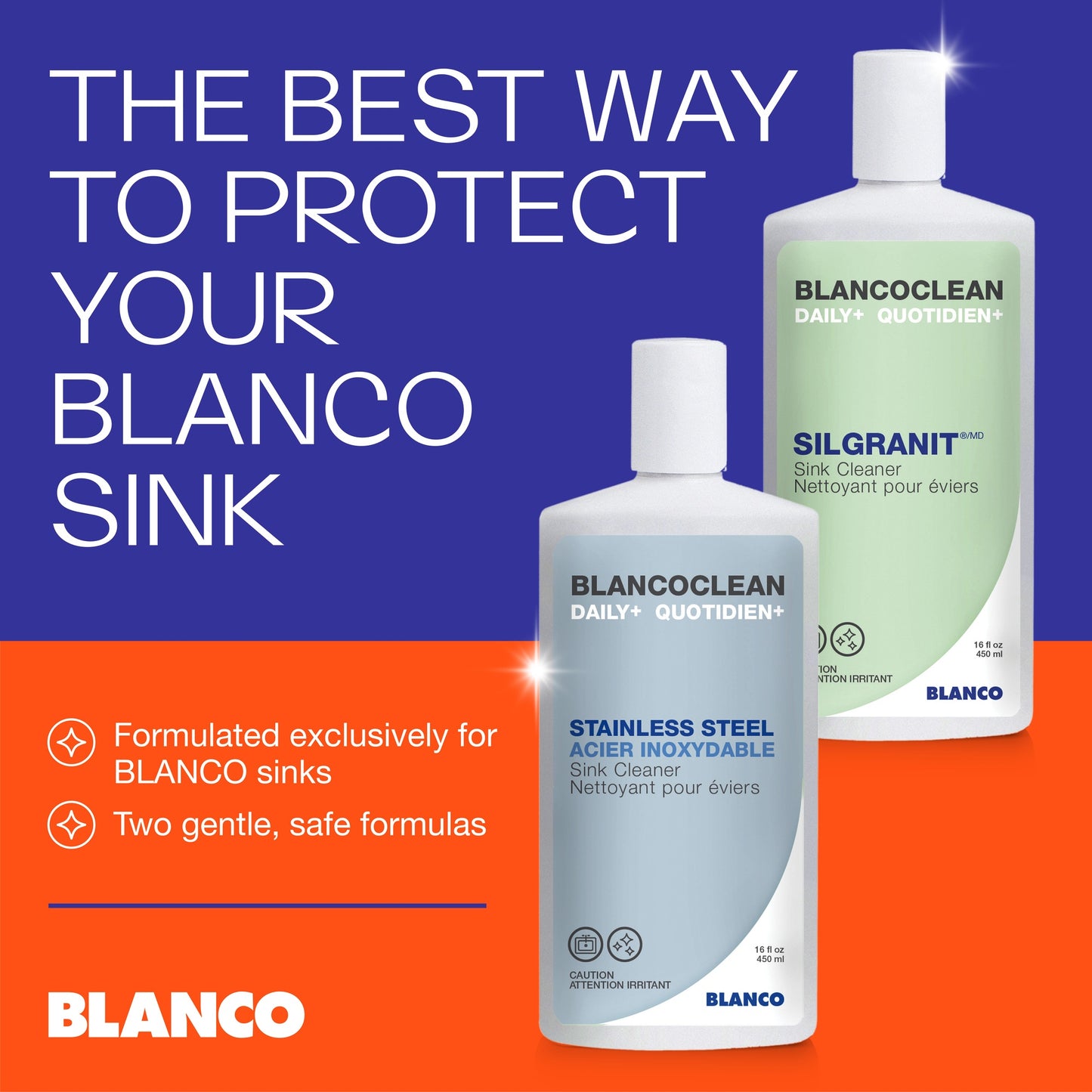 BLANCO Daily+ SILGRANIT Sink Cleaner and stainless steel sink cleaner bottles on display.