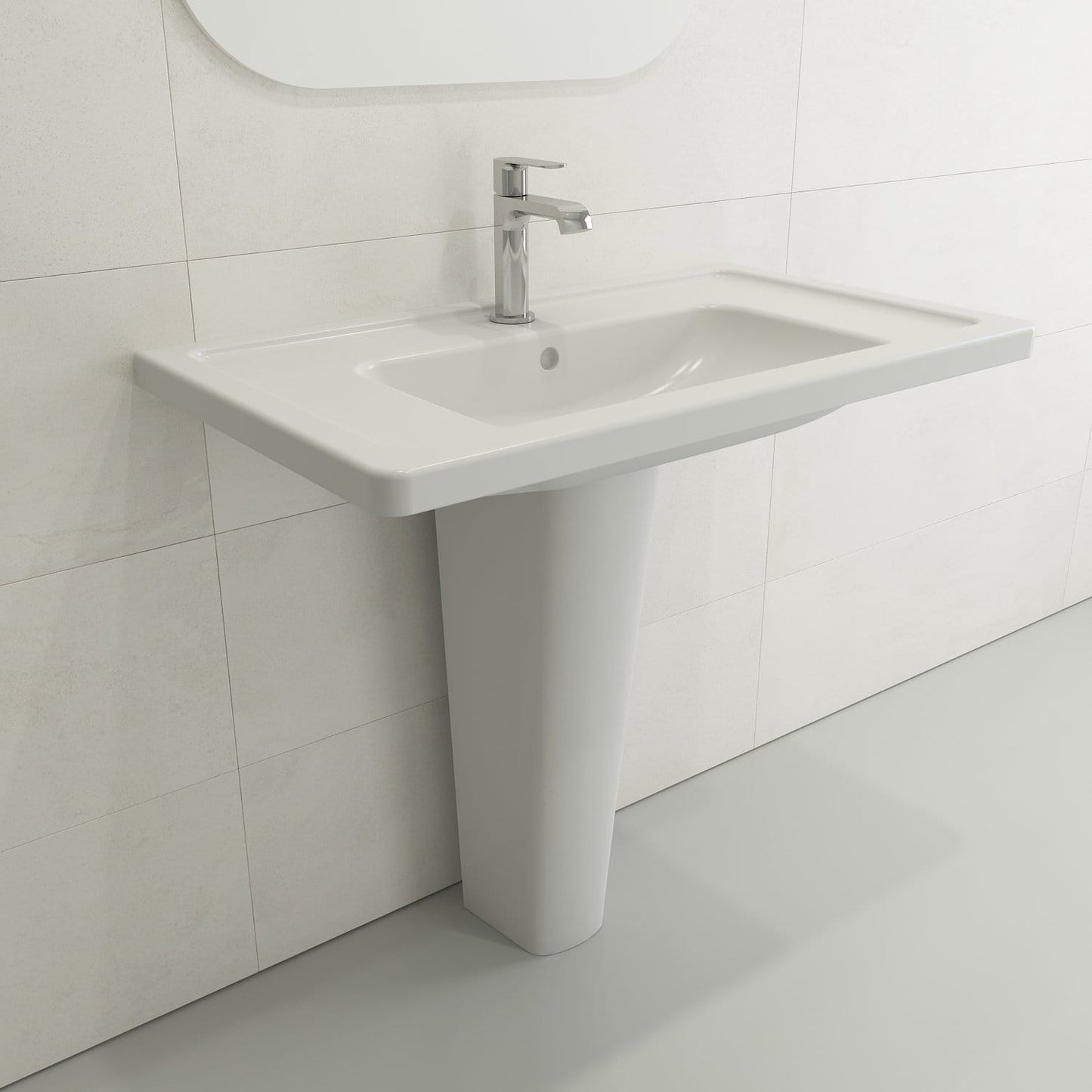BOCCHI TAORMINA 27.25" Fireclay Pedestal Base with modern faucet in elegant bathroom setting.