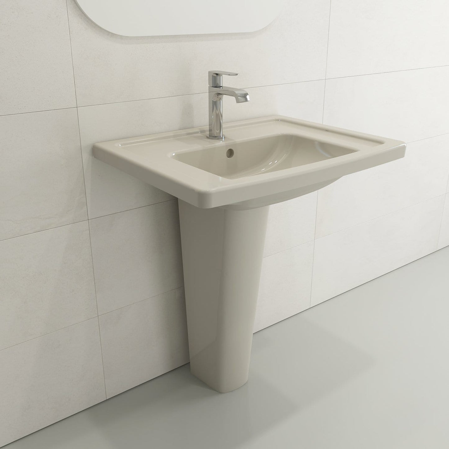 BOCCHI TAORMINA 26.25" Wall-Mounted Sink Basin Fireclay 1-Hole With Overflow in a compact bathroom setting.