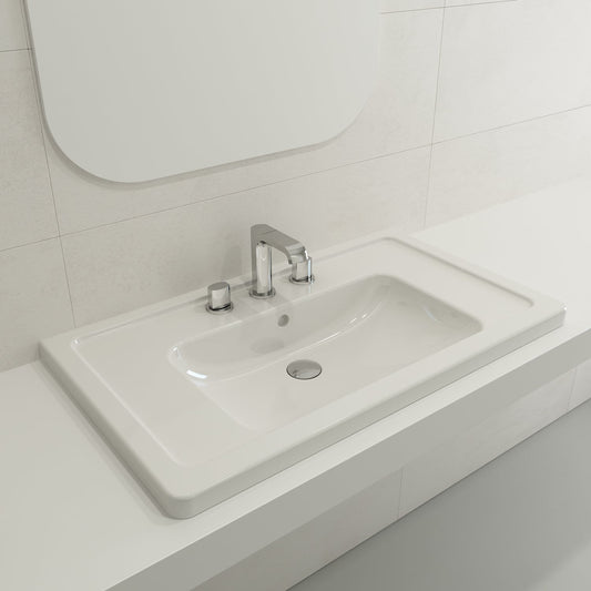BOCCHI TAORMINA 33.75" Wall-Mounted Sink Basin Fireclay 3-Hole With Overflow on a modern countertop.