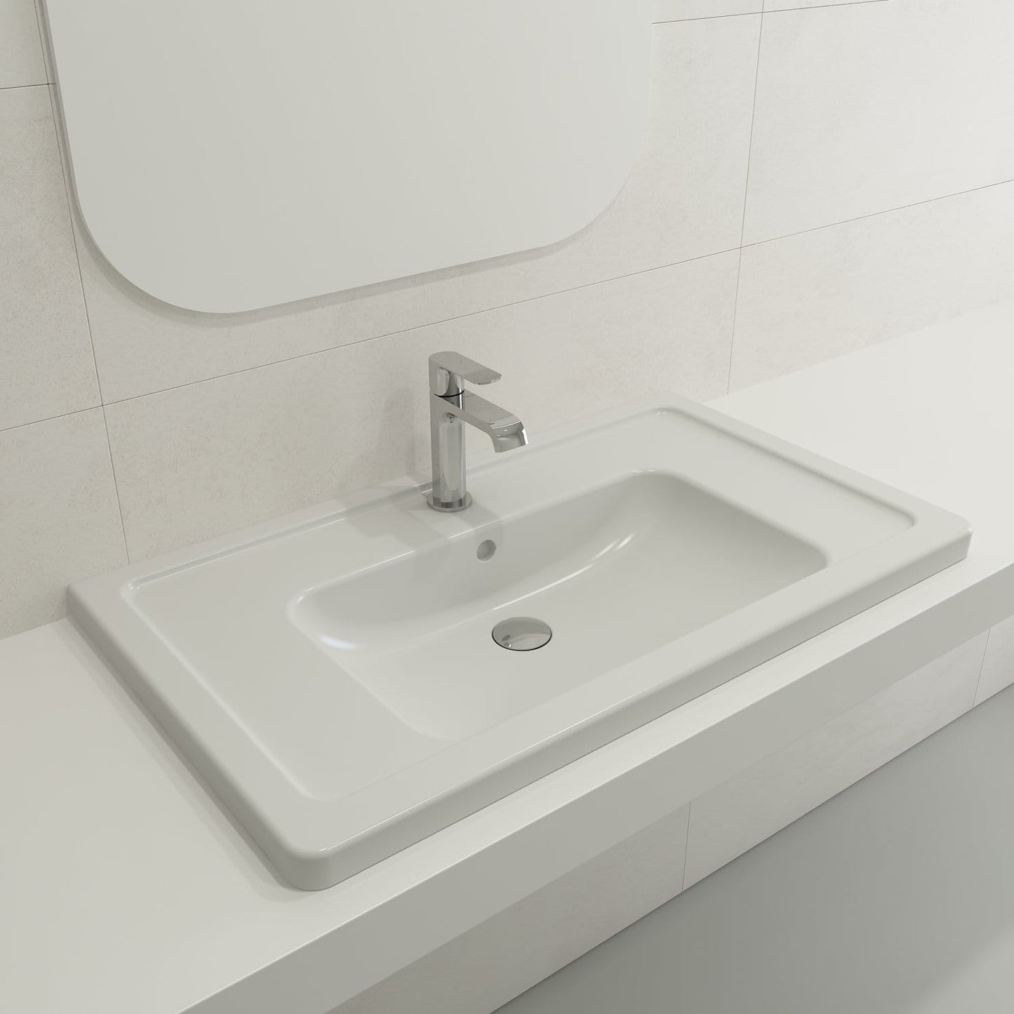 BOCCHI TAORMINA 33.75" Wall-Mounted Sink Basin Fireclay 1-Hole With Overflow in white, top view on countertop