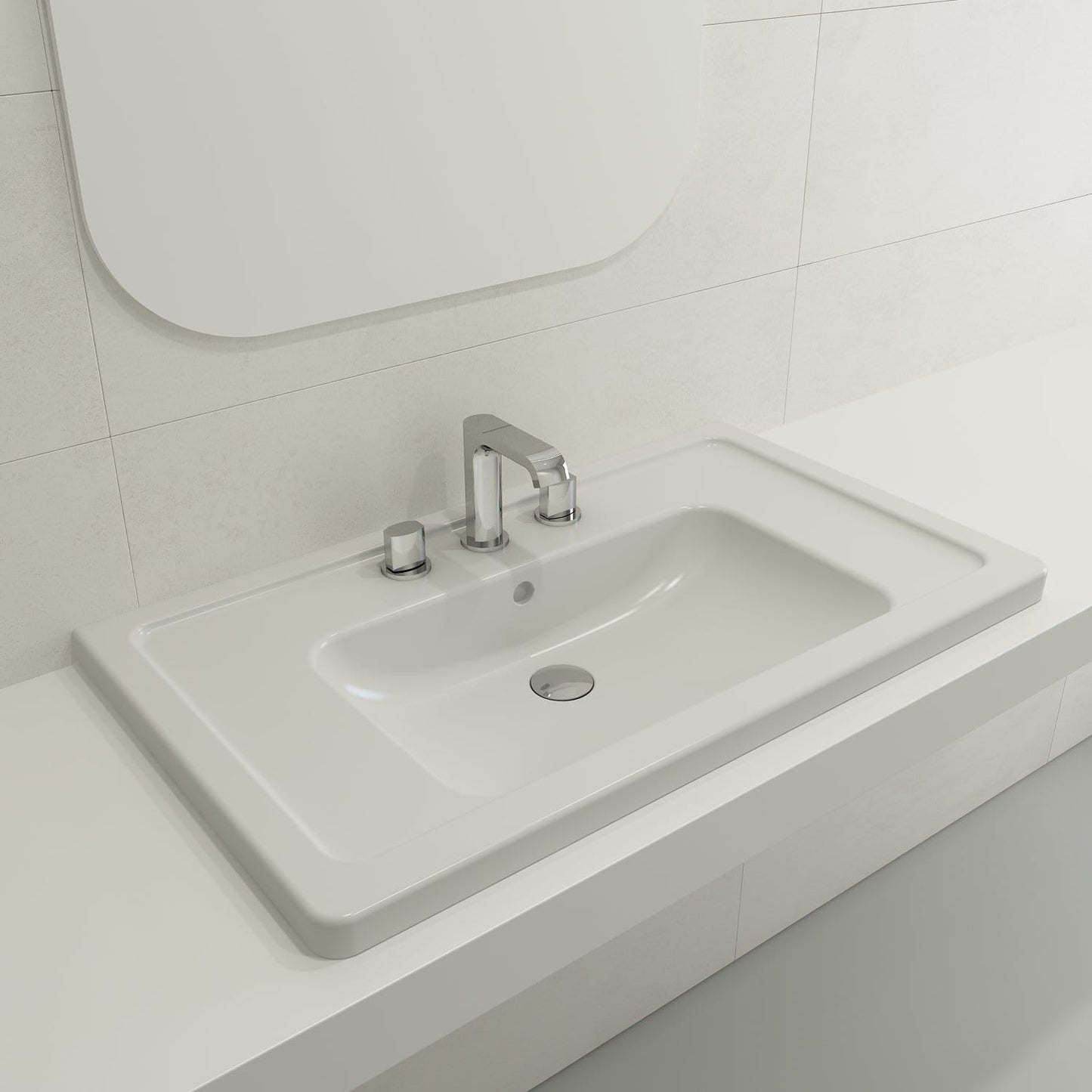 BOCCHI TAORMINA 33.75" Wall-Mounted Sink Basin Fireclay 3-Hole With Overflow on a countertop