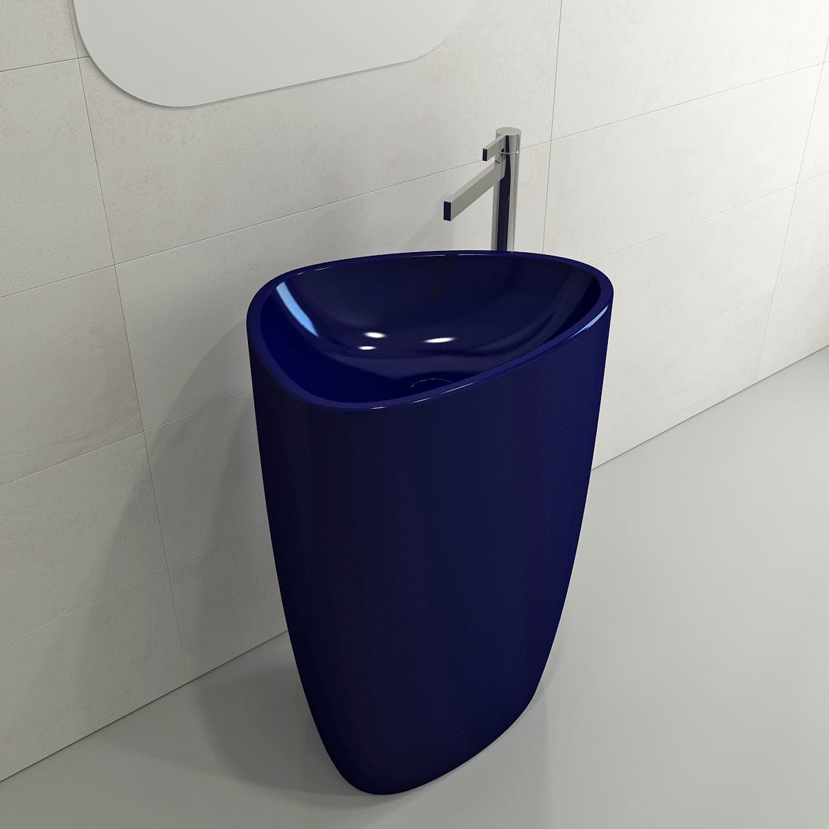 BOCCHI ETNA 33.75" Monoblock Pedestal Sink Fireclay With Matching Drain Cover in blue finish.