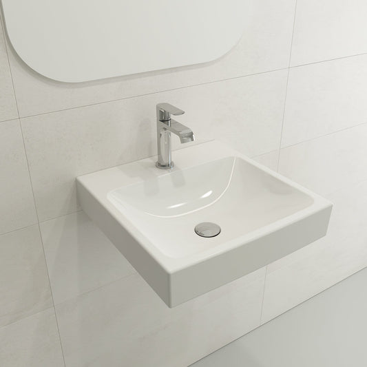 BOCCHI SCALA ARCH 19" Wall-Mounted Sink Fireclay 1-Hole mounted on bathroom wall with silver faucet.