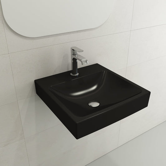 BOCCHI SCALA ARCH 19" Wall-Mounted Sink Fireclay 1-Hole in sleek black finish mounted on bathroom wall.