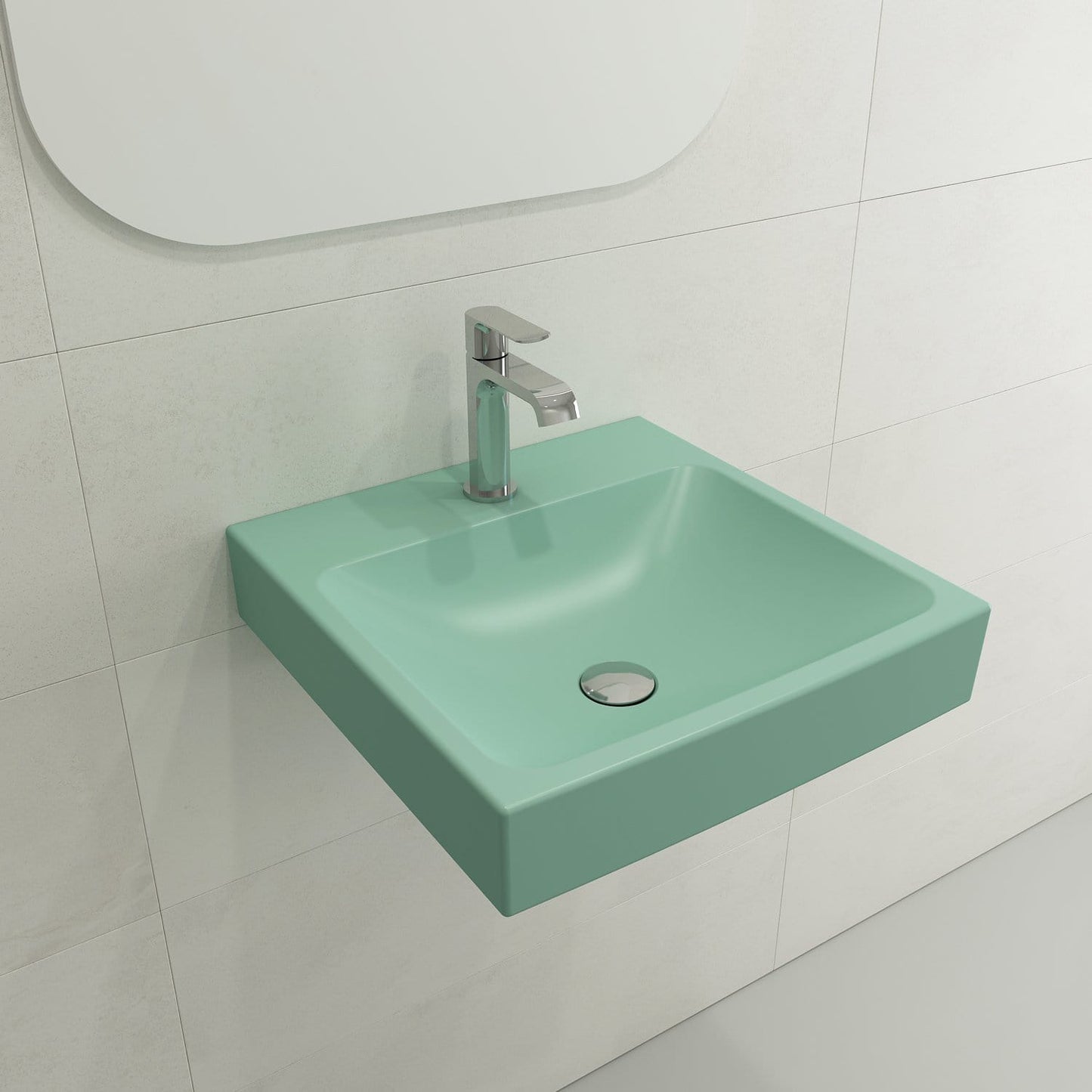 BOCCHI SCALA ARCH 19" Wall-Mounted Sink Fireclay 1-Hole in mint green color with modern faucet design.