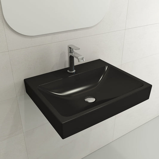 BOCCHI SCALA ARCH 23.75" Wall-Mounted Sink Fireclay 1-Hole in matte black finish, modern compact design, angled profile.