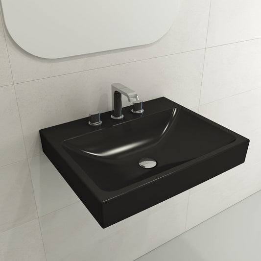 BOCCHI SCALA ARCH 23.75" Wall-Mounted Sink Fireclay 3-Hole in matte black against a modern bathroom wall.