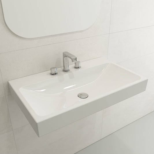 BOCCHI SCALA ARCH 32" Wall-Mounted Sink Fireclay 3-Hole in white with contemporary design and chrome faucet.