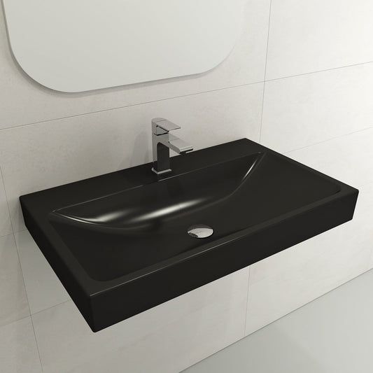 BOCCHI SCALA ARCH 32" Wall-Mounted Sink Fireclay 1-Hole in sleek black finish against modern bathroom tiles.