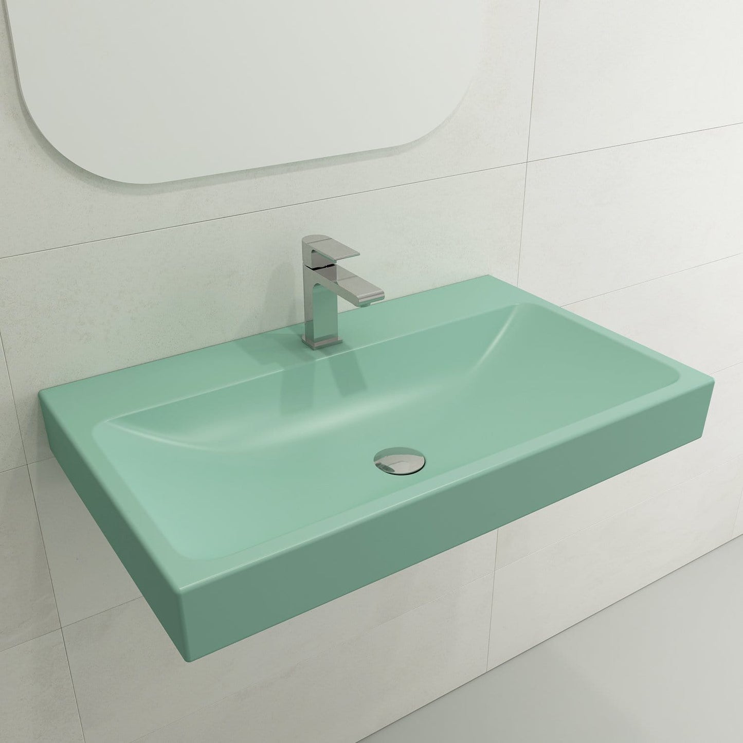 BOCCHI SCALA ARCH 32" Wall-Mounted Sink Fireclay 1-Hole in mint color with modern faucet.