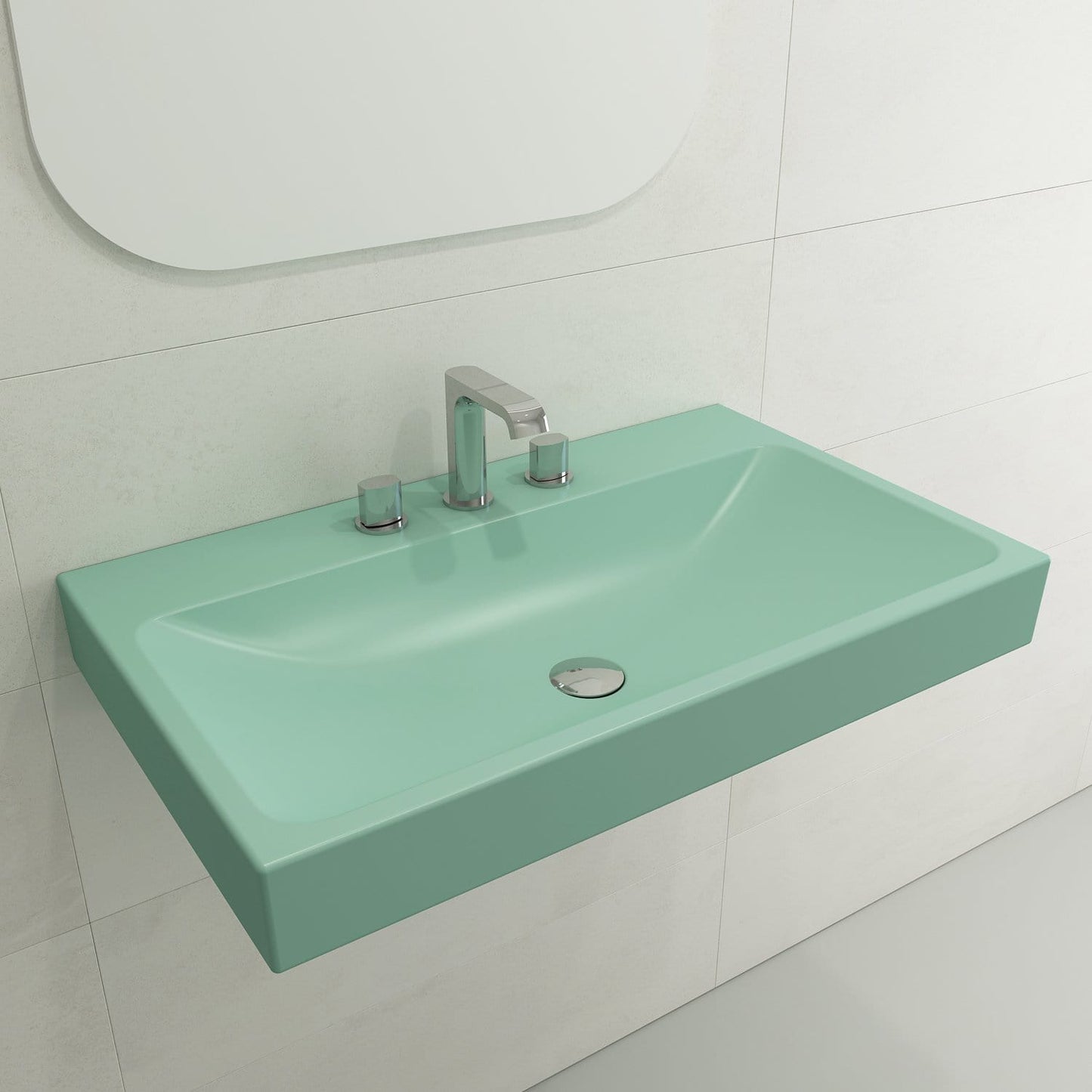 BOCCHI SCALA ARCH 32" Wall-Mounted Sink Fireclay 3-Hole in mint green color, showcasing bold geometric design.