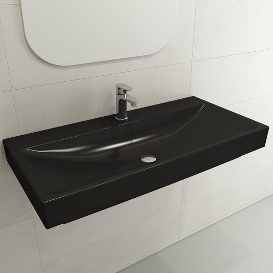 BOCCHI SCALA ARCH 39.75" Wall-Mounted Sink Fireclay 1-Hole in sleek black design with modern faucet
