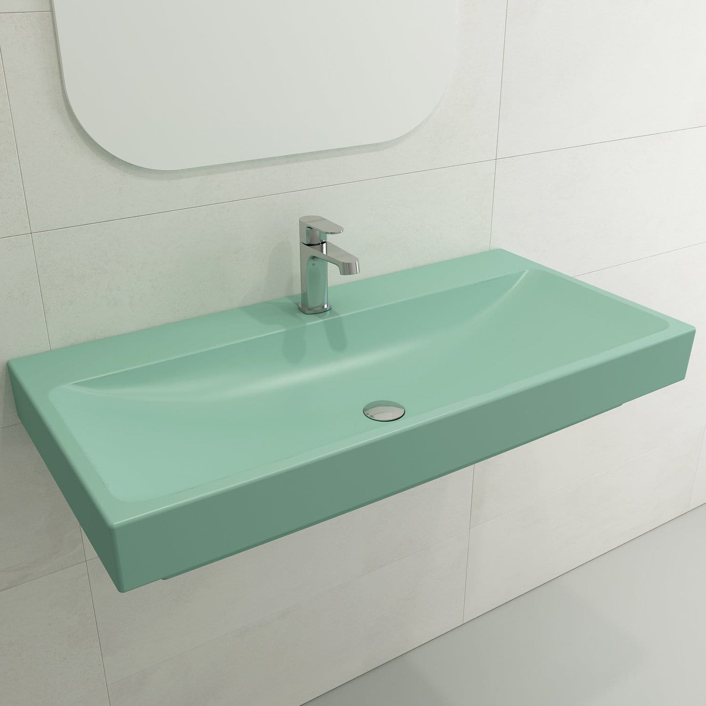 BOCCHI SCALA ARCH 39.75" Wall-Mounted Sink Fireclay 1-Hole in a modern bathroom setting.