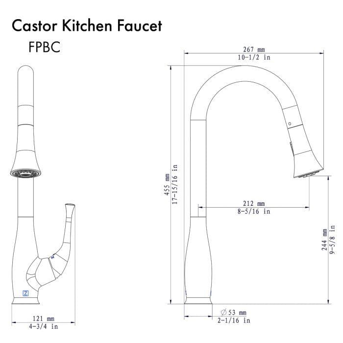 ZLINE Castor Chrome Kitchen Faucet CAS-KF-CH technical dimensions drawing showcasing its design features.