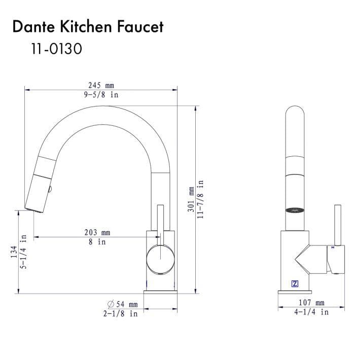 ZLINE Dante Chrome Compact Kitchen Faucet DNT-KF-CH dimensions and specifications diagram
