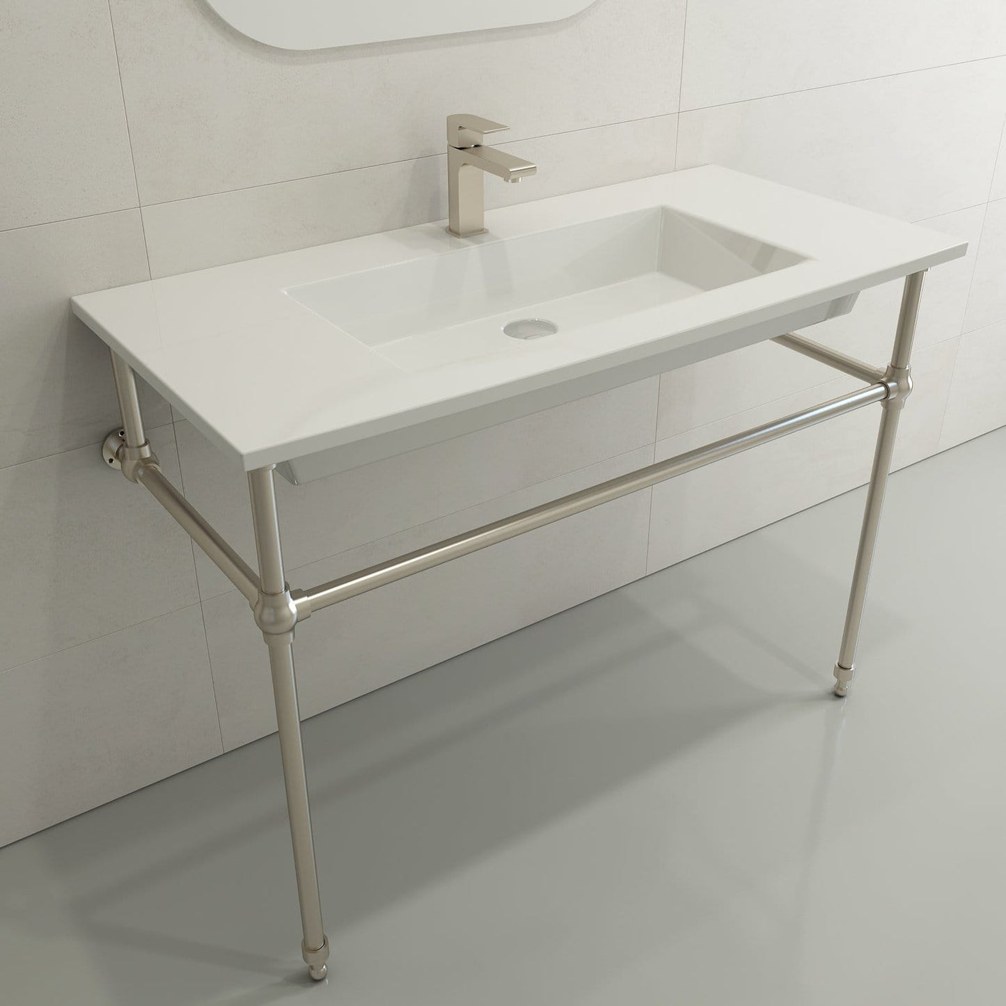 BOCCHI RAVENNA 40.5" Wall-Mounted Sink Fireclay 1-Hole With Overflow on sleek metal stand in modern bathroom.