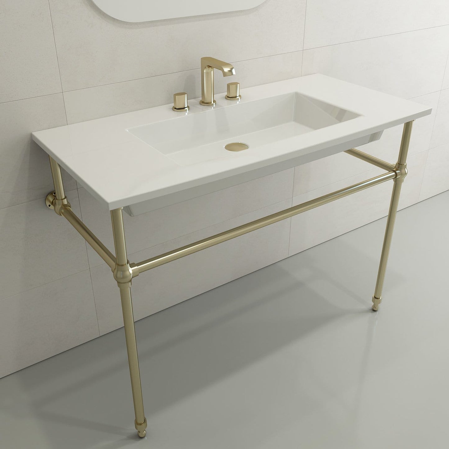 BOCCHI RAVENNA 40.5" Wall-Mounted Sink Fireclay 3-Hole With Overflow with gold accents and modern design.