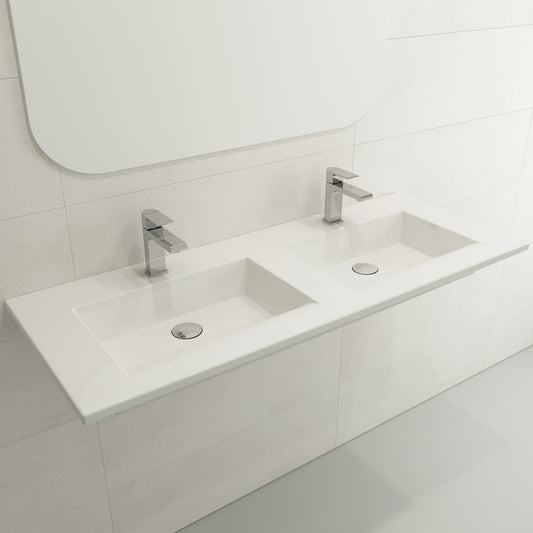 BOCCHI RAVENNA 48" Wall-Mounted Sink Fireclay Double Bowl For Two 1-Hole Faucets With Overflows, top view, white finish.