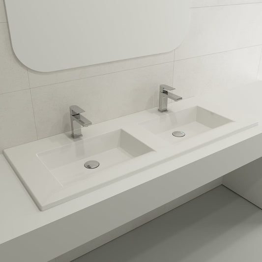 BOCCHI RAVENNA 48" Wall-Mounted Sink Fireclay Double Bowl For Two 1-Hole Faucets With Overflows right side view with faucets