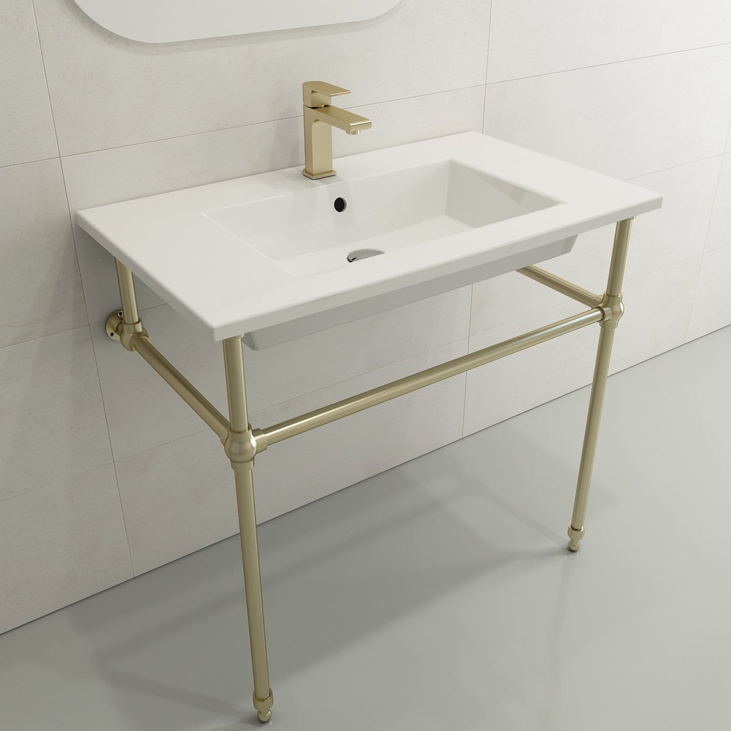 BOCCHI RAVENNA 32.25" Wall-Mounted Sink Fireclay 1-Hole With Overflow on gold frame in modern bathroom setting.
