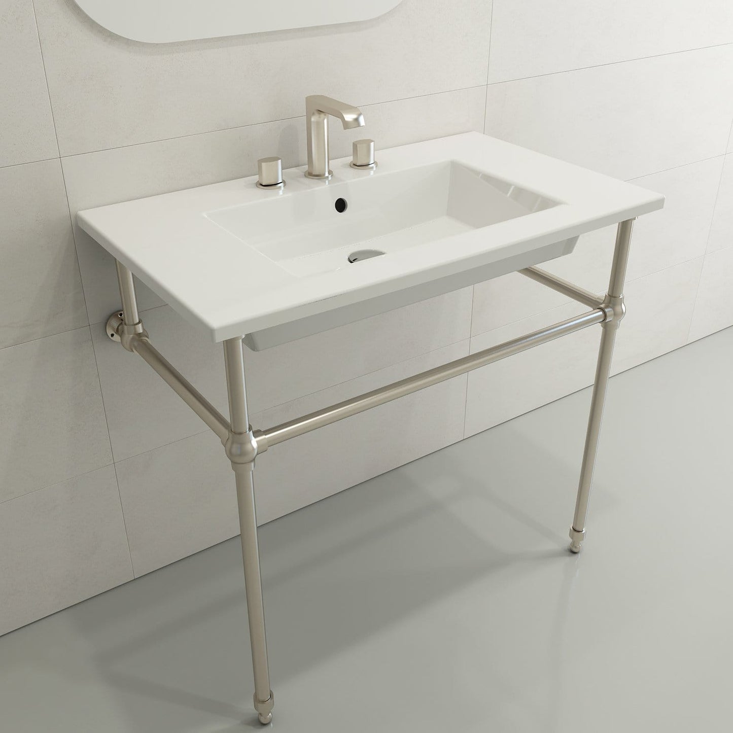BOCCHI RAVENNA 32.25" Wall-Mounted Sink Fireclay 3-Hole With Overflow in a modern bathroom setting.