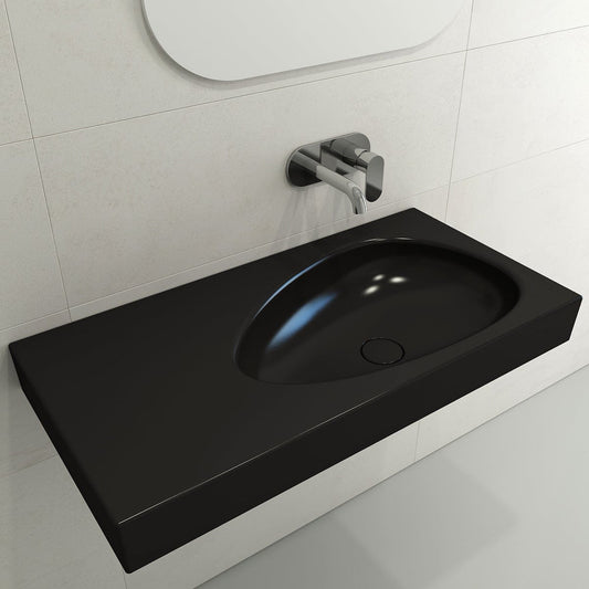 BOCCHI ETNA 35.5" Wall-Mounted Sink Fireclay With Matching Drain Cover in sleek black finish