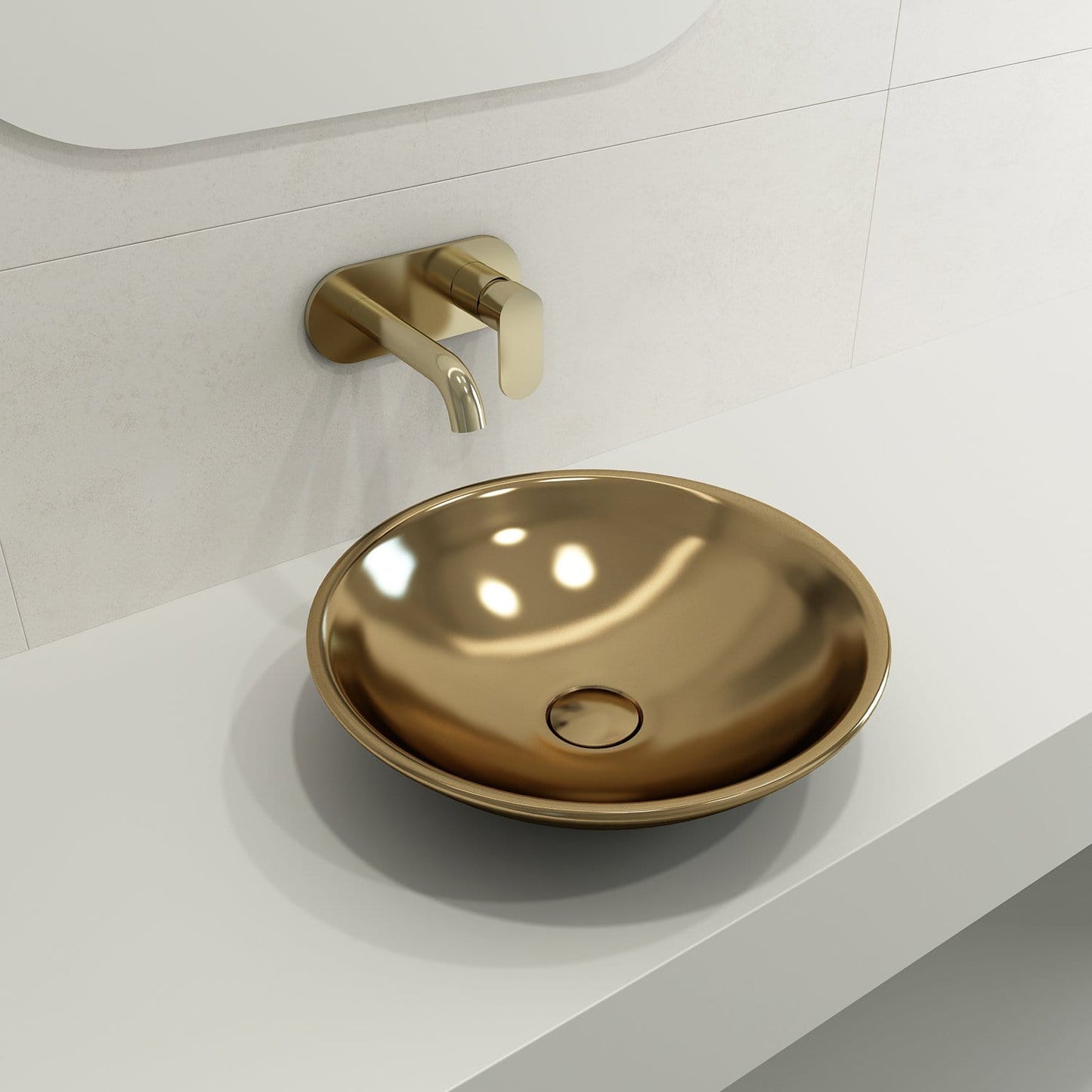 BOCCHI VENEZIA 15.75" Vessel Fireclay With Matching Drain Cover in a modern bathroom setting.