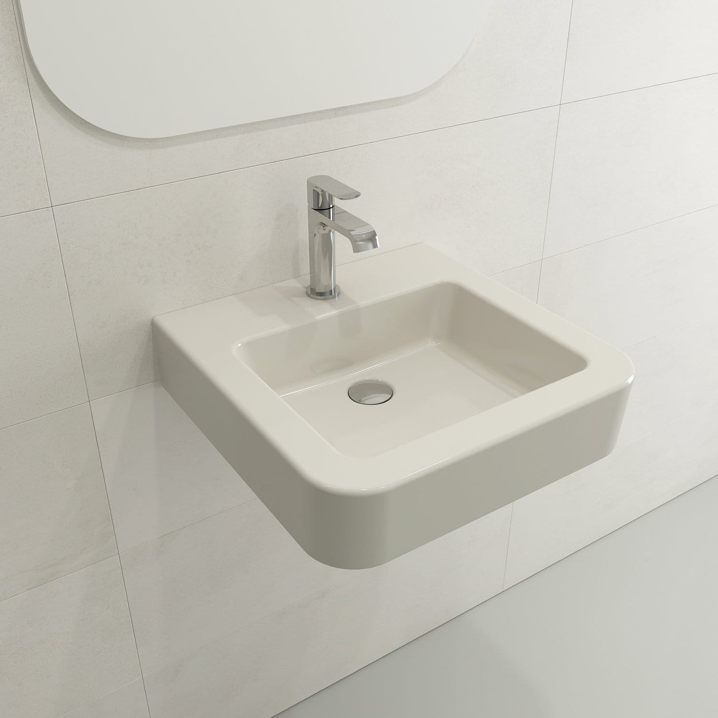 BOCCHI PARMA 19.75" Wall-Mounted Sink Fireclay in. 1-Hole With Overflow mounted on a bathroom wall.