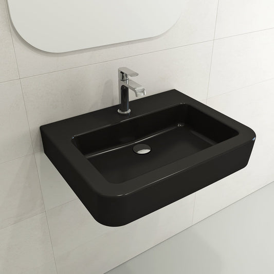 BOCCHI PARMA 25.5" Wall-Mounted Sink Fireclay 1-Hole With Overflow in elegant black finish.