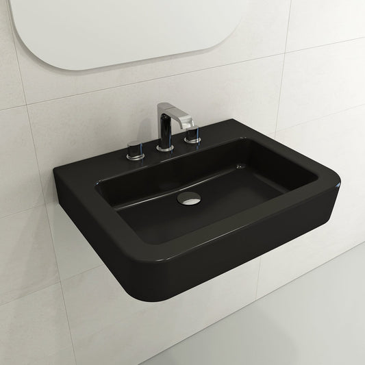 BOCCHI PARMA 25.5" Wall-Mounted Sink Fireclay 3-Hole With Overflow in sleek black finish.