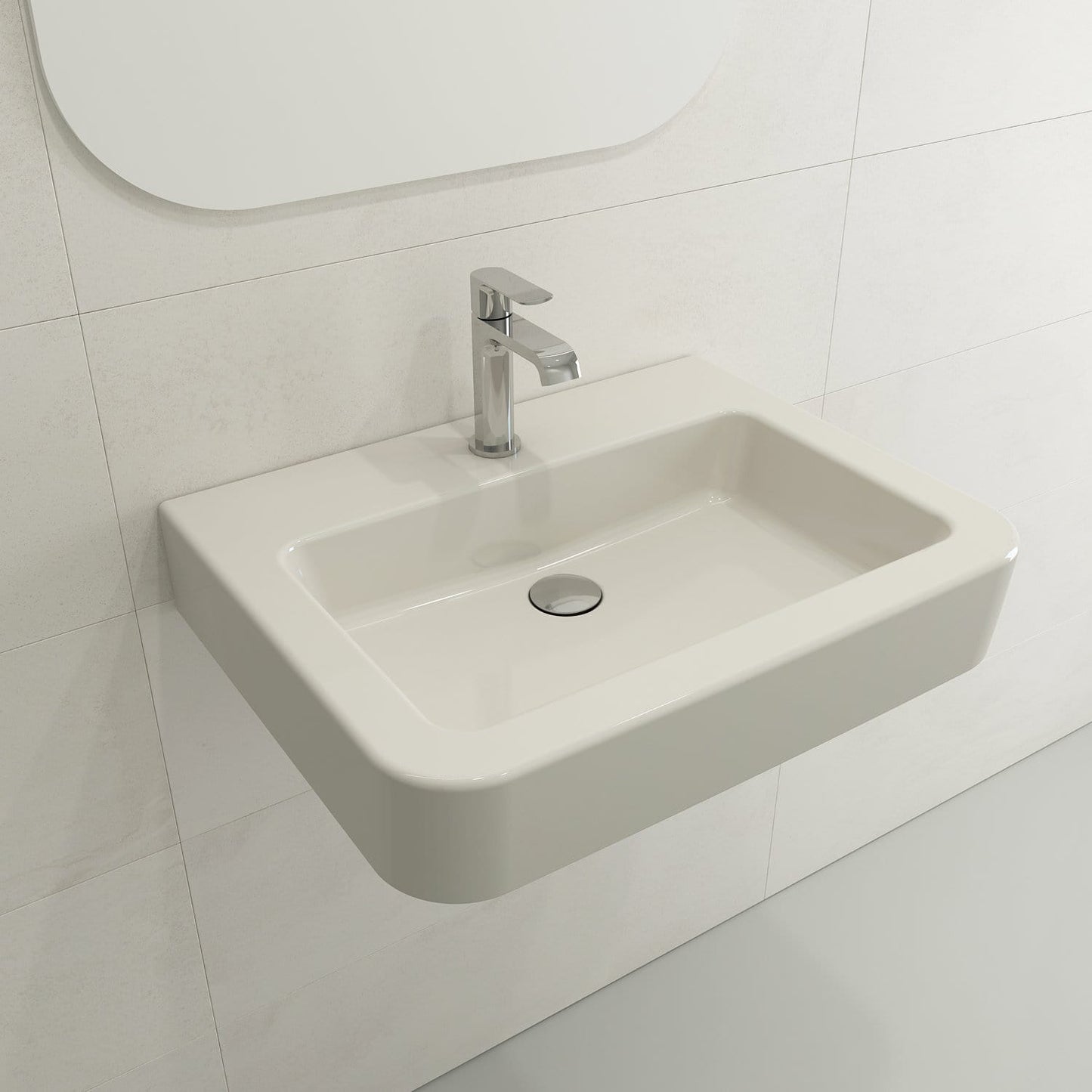 BOCCHI PARMA 25.5" Wall-Mounted Sink Fireclay 1-Hole With Overflow mounted on a wall with a modern faucet.