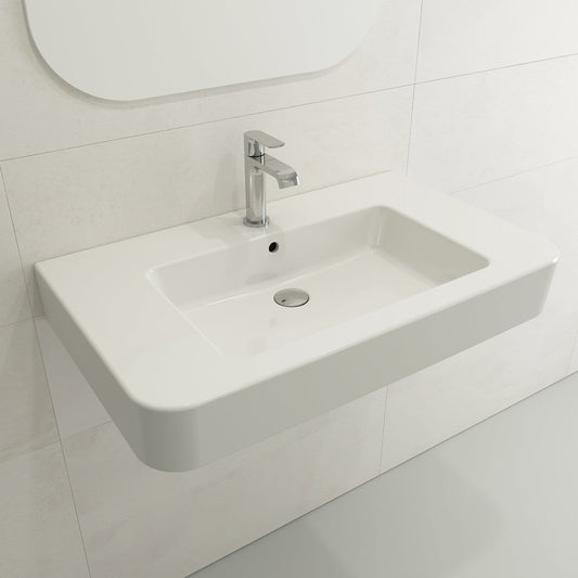 BOCCHI PARMA 33.5" Wall-Mounted Sink Fireclay 1-Hole With Overflow displayed on a bathroom wall.