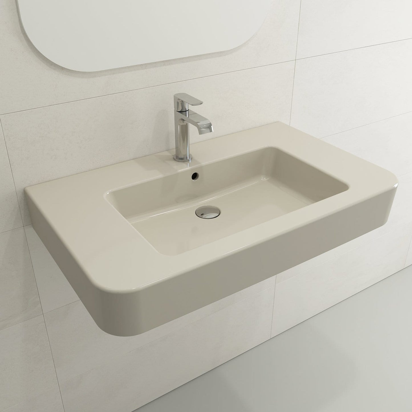 BOCCHI PARMA 33.5" Wall-Mounted Sink Fireclay 1-Hole With Overflow showcased in modern bathroom setting.