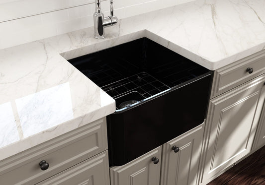BOCCHI CLASSICO 20" Fireclay Farmhouse Single Bowl Kitchen Sink with Protective Bottom Grid and Strainer in Matte Black finish, top view.