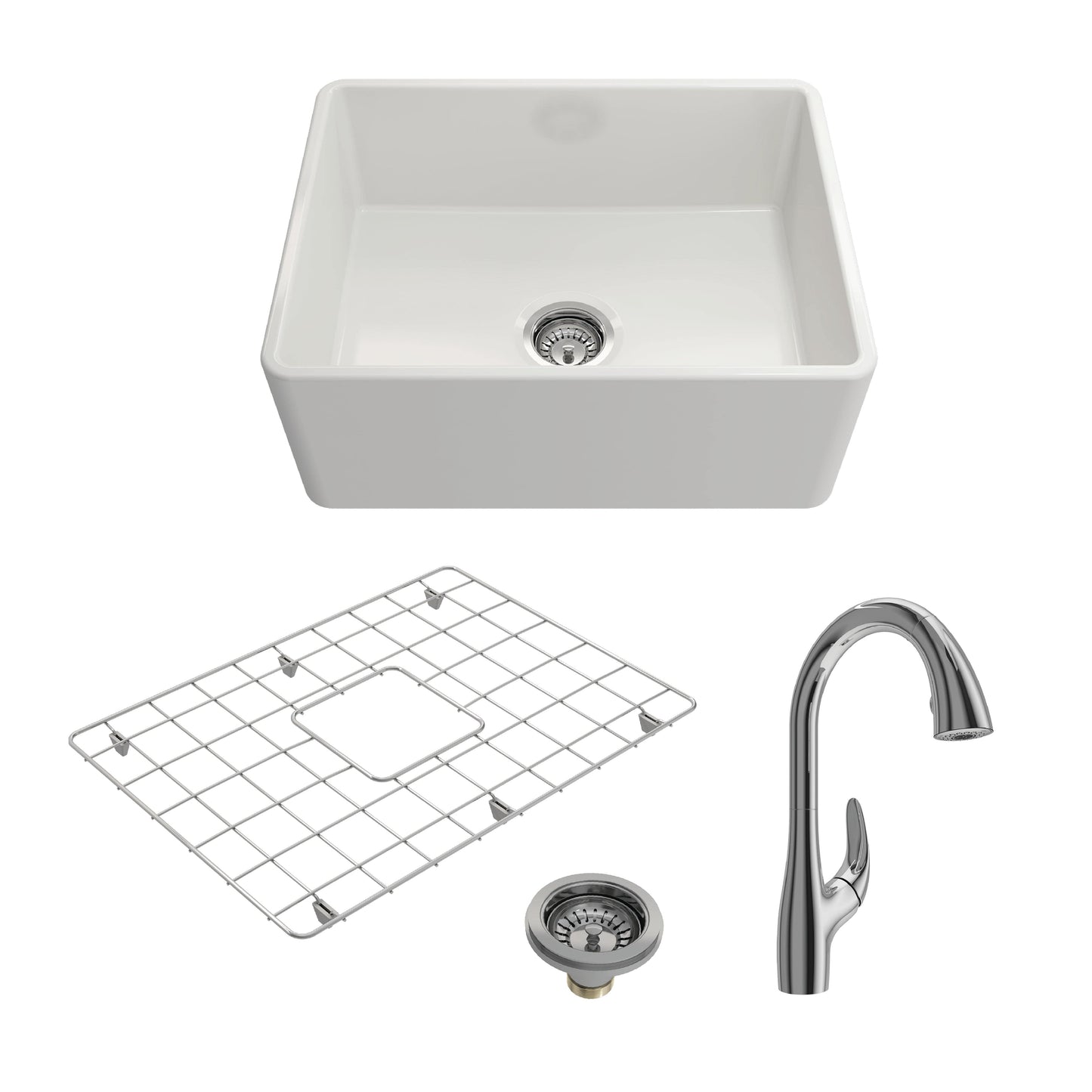 BOCCHI CLASSICO 24" Fireclay Farmhouse Sink Kit with Grid, Strainer & Pagano Faucet in White and Chrome finish.