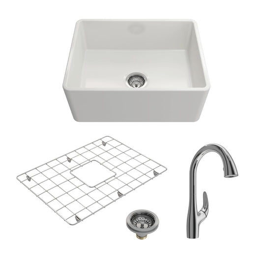 BOCCHI CLASSICO 24" Fireclay Farmhouse Sink Kit with Grid, Strainer & Pagano Faucet in White and Chrome finish.
