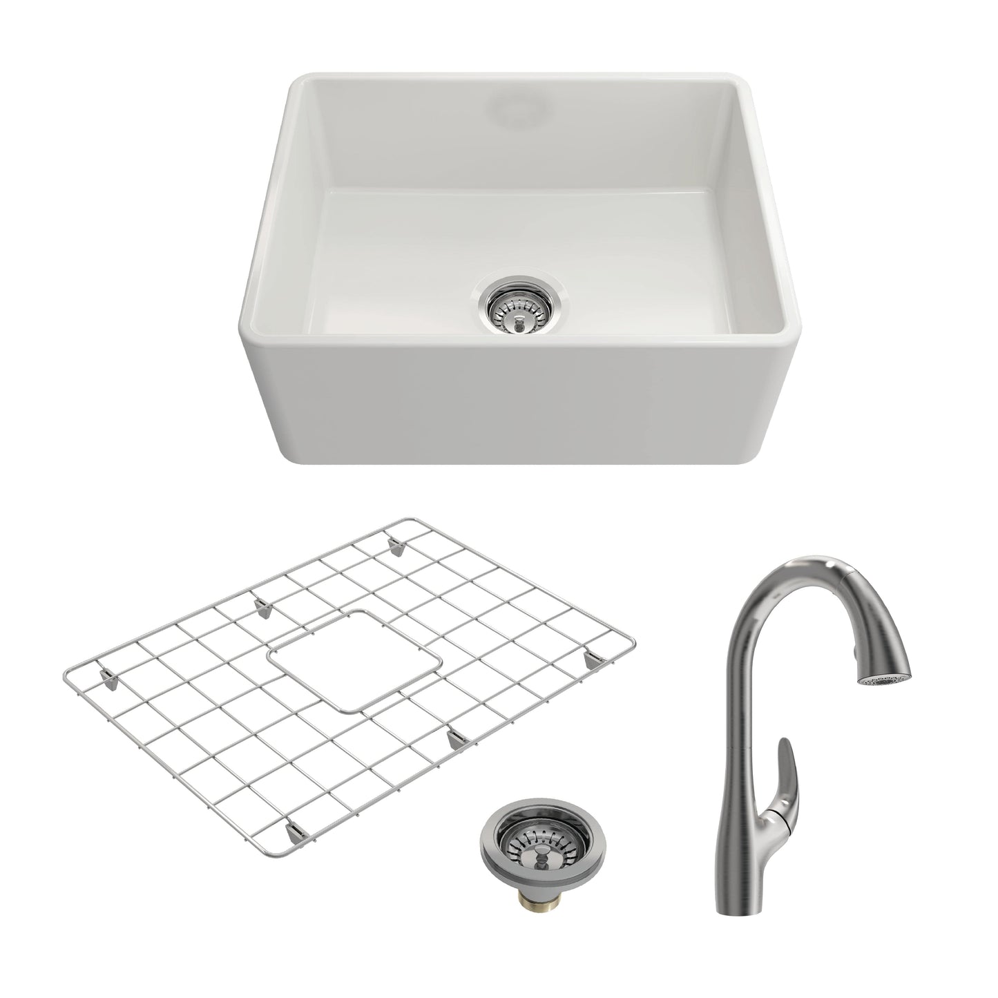 BOCCHI CLASSICO 24" Fireclay Farmhouse Sink Kit with Grid, Strainer & Pagano Faucet - White sink with stainless steel faucet.