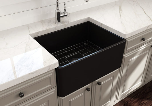 BOCCHI Classico 24" Fireclay Farmhouse Apron Single Bowl Kitchen Sink mounted in elegant kitchen countertop.