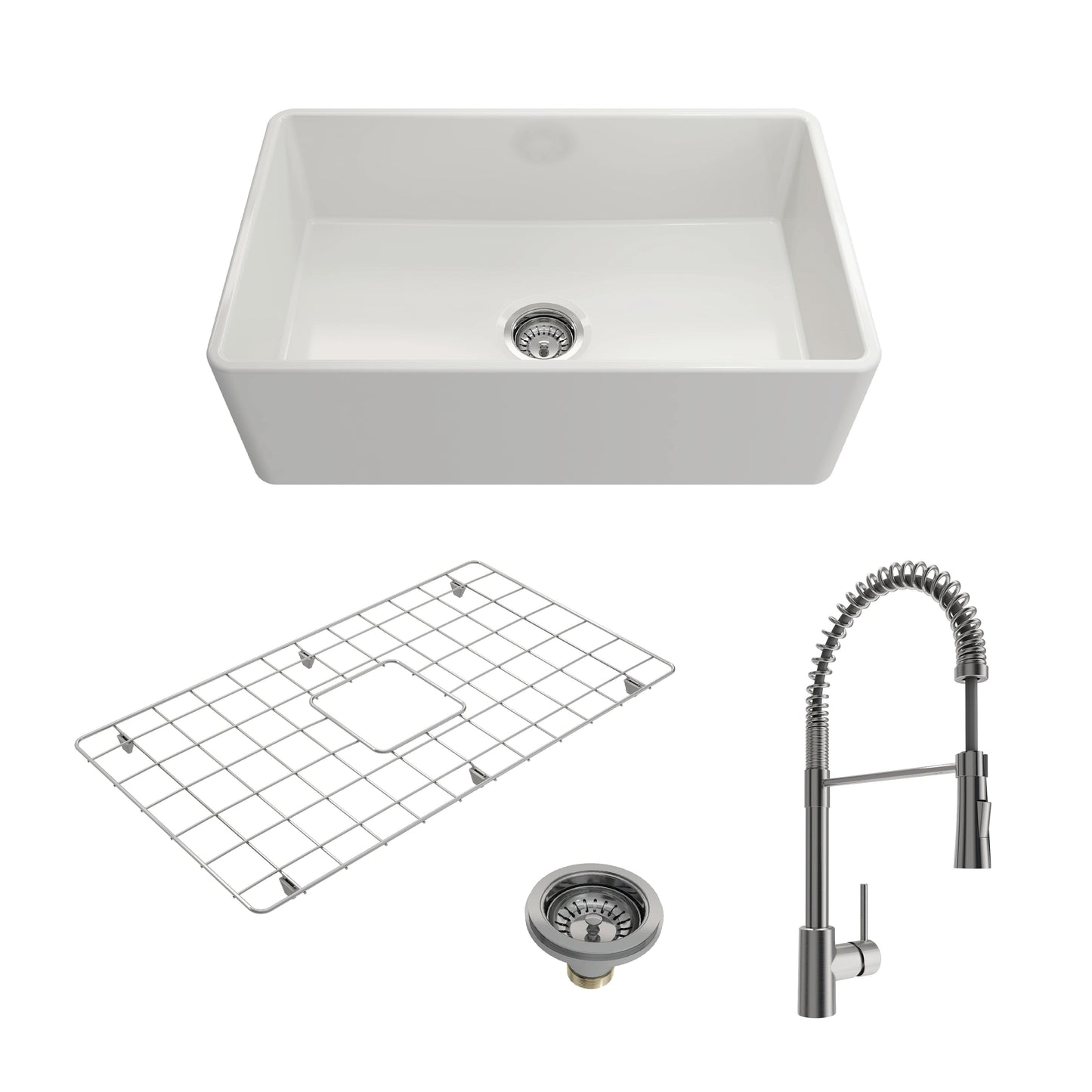 BOCCHI CLASSICO 30" Single Bowl Fireclay Farmhouse Sink w/ Grid, Strainer & Livenza Faucet in white with stainless steel components.