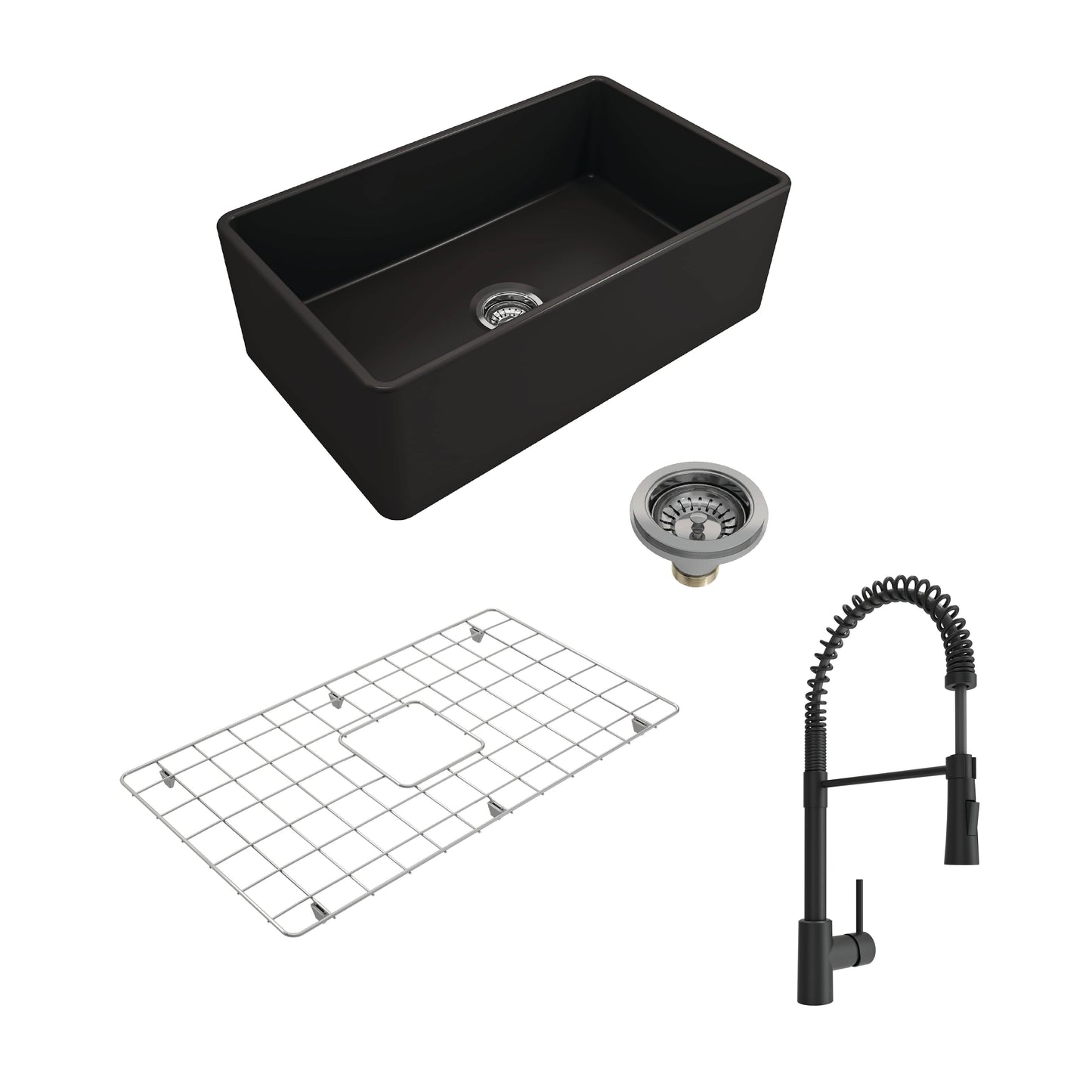 BOCCHI CLASSICO 30" Single Bowl Fireclay Farmhouse Sink w/ Grid, Strainer & Livenza Faucet in Matte Black finish.