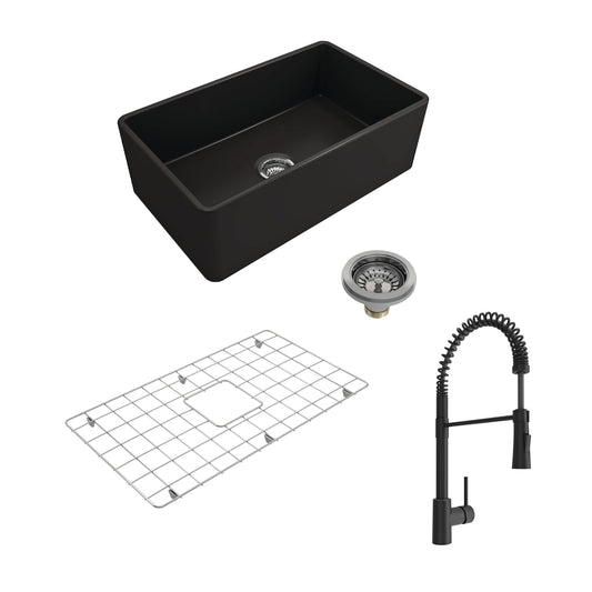 BOCCHI CLASSICO 30" Single Bowl Fireclay Farmhouse Sink w/ Grid, Strainer & Livenza Faucet in Matte Black finish.
