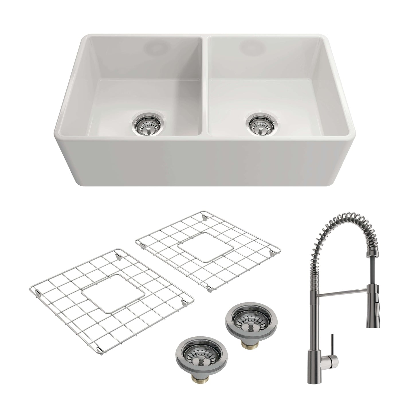 BOCCHI CLASSICO 33" Double Bowl Fireclay Kitchen Sink w/ Grids, Strainers & Livenza Faucet - White Sink with Stainless Steel Finish