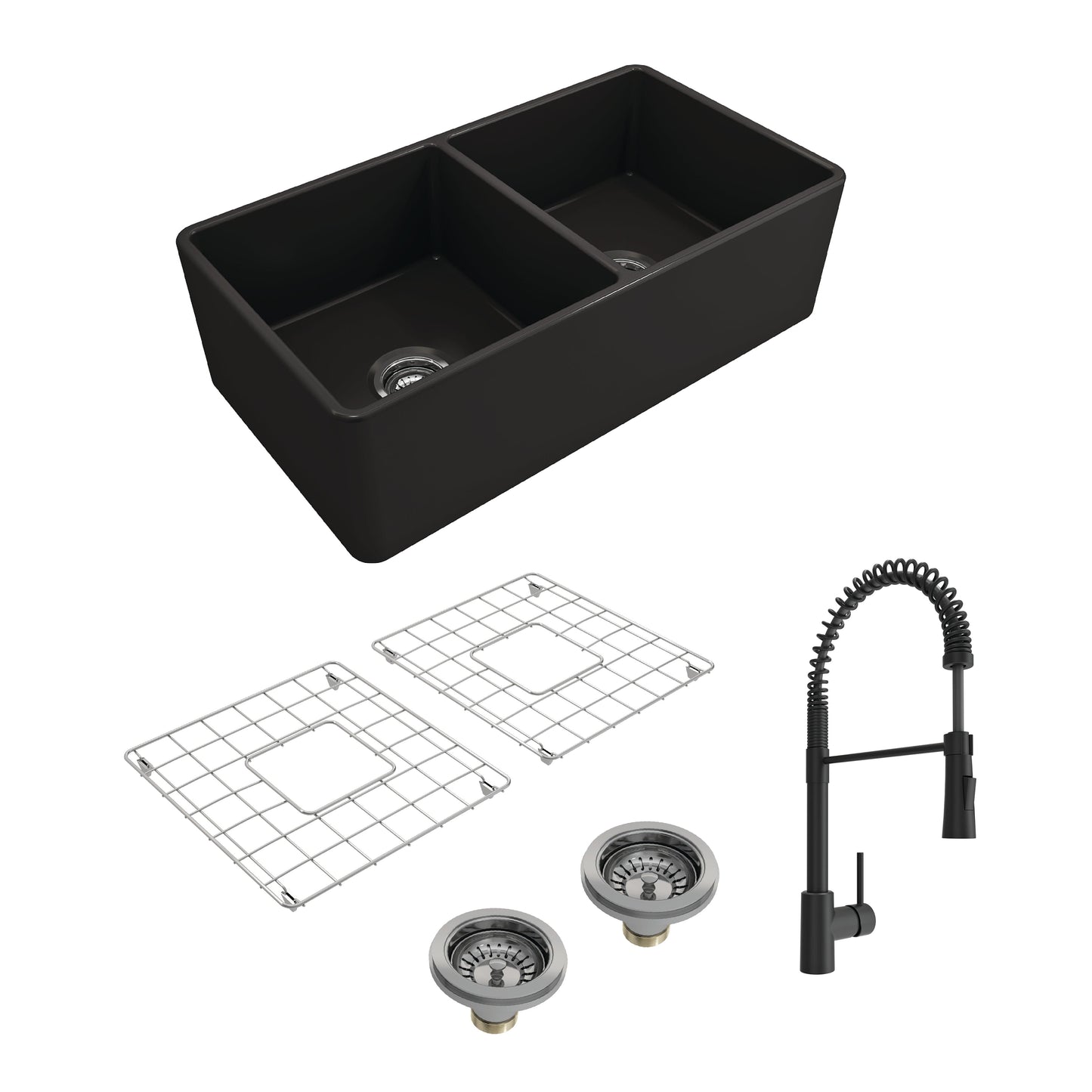 BOCCHI CLASSICO 33" Double Bowl Fireclay Kitchen Sink w/ Grids, Strainers & Livenza Faucet in Matte Black finish.