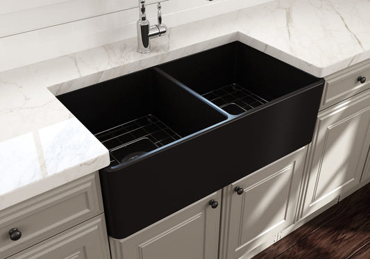 BOCCHI Classico 33" Fireclay Farmhouse Apron 50/50 Double Bowl Kitchen Sink in a modern kitchen setting.