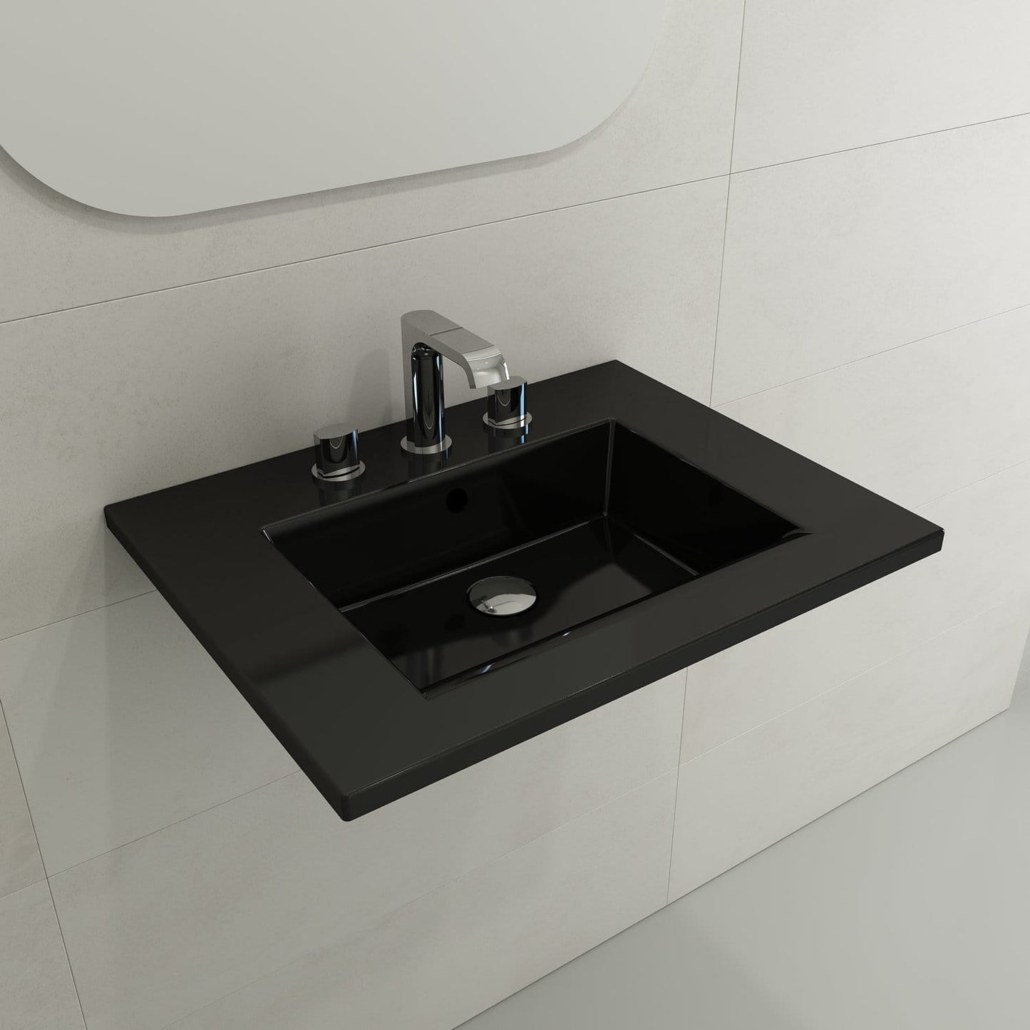 BOCCHI RAVENNA 24.5" Wall-Mounted Sink Fireclay 3-Hole With Overflow in black finish mounted on bathroom wall