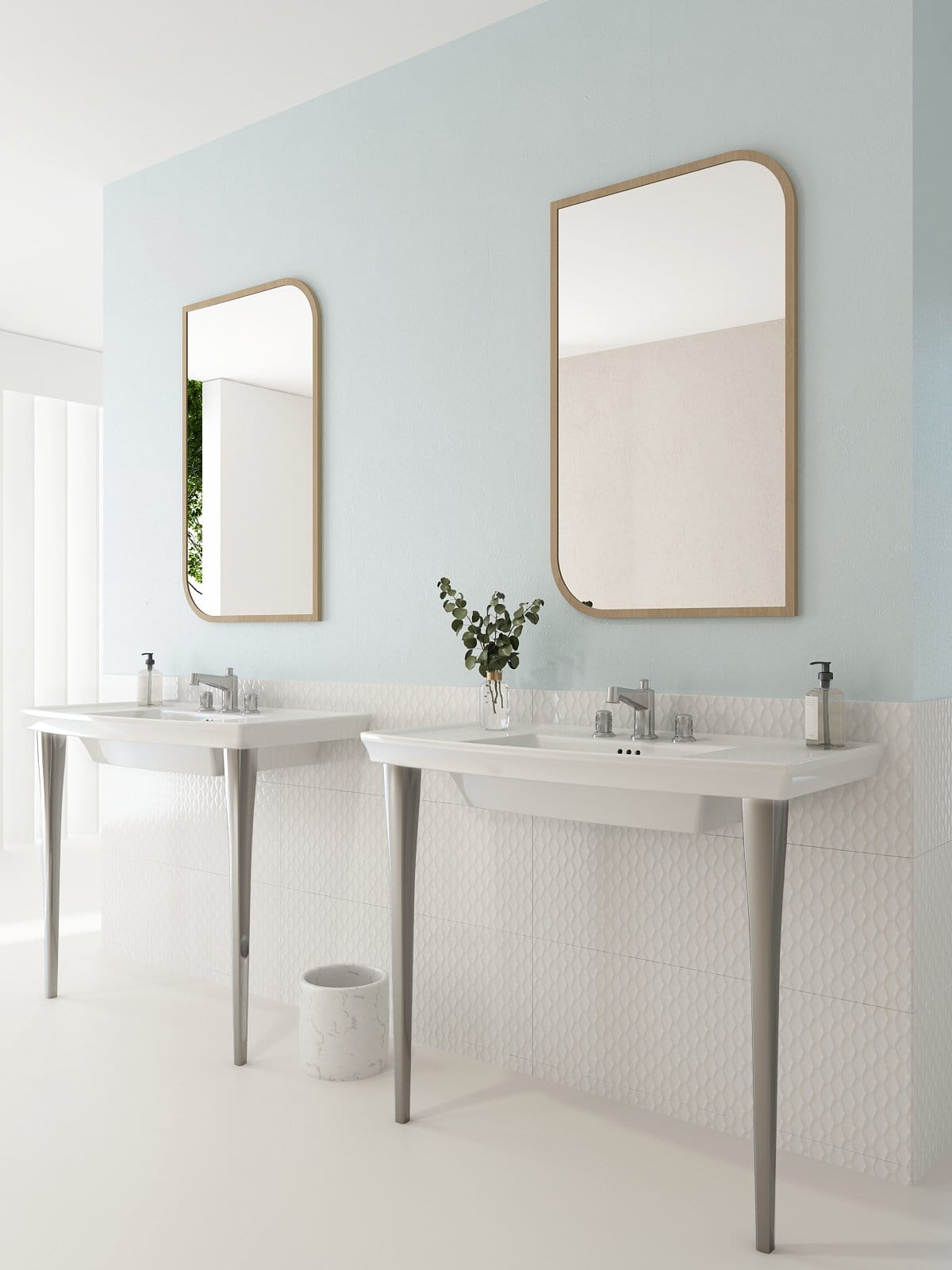 BOCCHI LAVITA 31" Console Leg Set Fireclay with elegant sinks and mirrors in a modern bathroom setting.