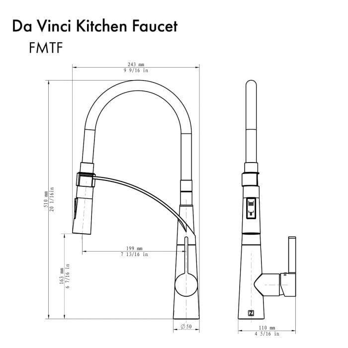ZLINE Da Vinci Brushed Nickel Kitchen Faucet DAV-KF-BN dimensions diagram
